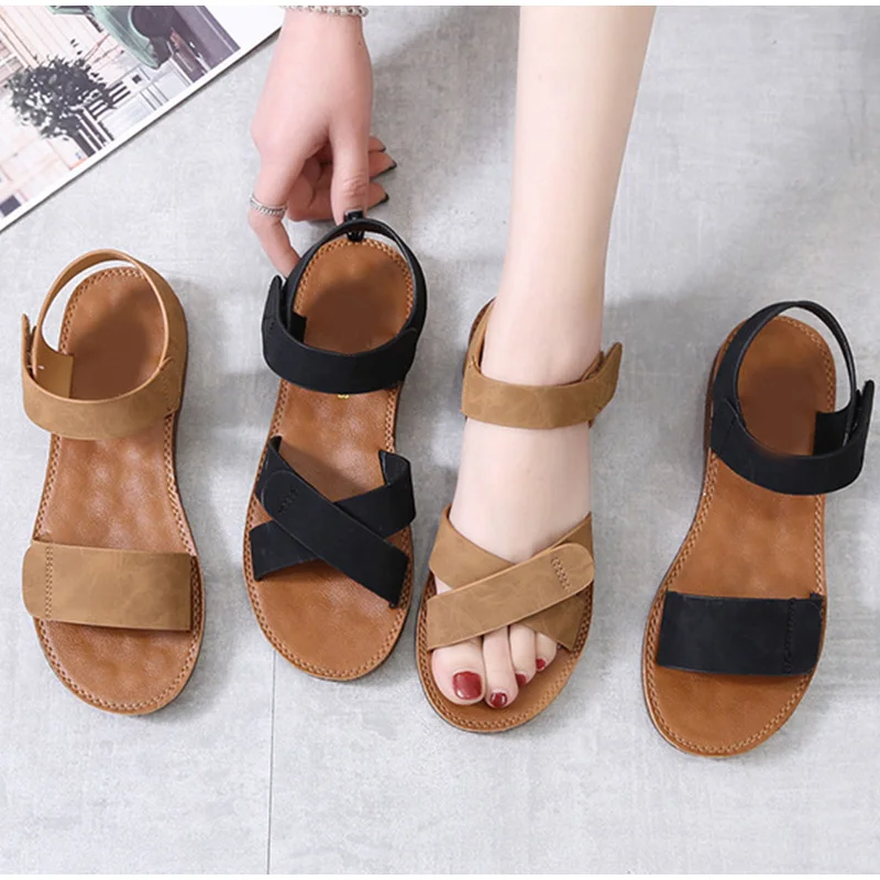 2022 Summer Women\'s Sandals PU Hook Loop Woman Flat Shoes Open Toe Classic Ladies Sandals Casual Rome Soft Leather Beach Shoes