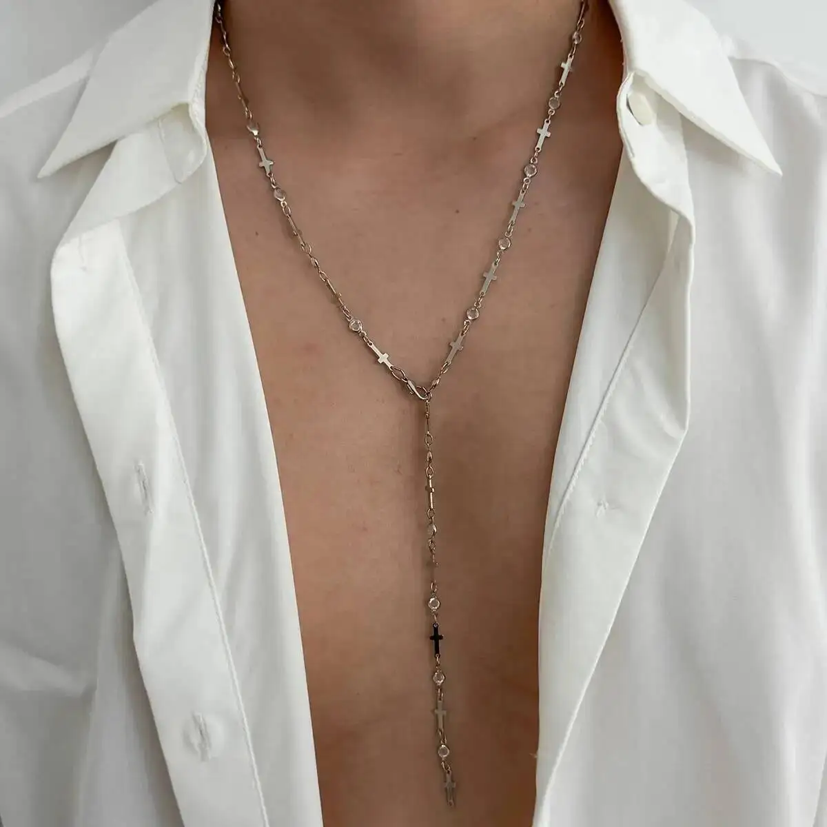 

KunJoe Simple Silver Color Jesus Cross Chain Necklace for Men Hip Hop Y-shaped Long Pendant Necklace Male Street Jewelry 2025