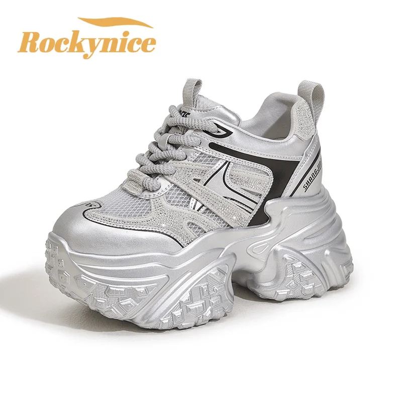 10CM Air Mesh Microfiber Leather Vulcanize Shoes High Platform Wedges Bling Chunky Sneakers Breathable Autumn Sports Dad Shoes