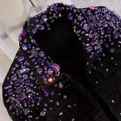 Women Purple Sequins Diamonds Beaded Denim Jacket Handmade Rhinestones Jeans Coat Crystal Cowboy Long Sleeve Outerwear Jaquetas