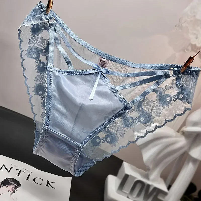 European and American Sexy Low Waist Hollow Lace Underwear Women\'s Transparent Bow Comfortable Mesh Panties Female Briefs 2024