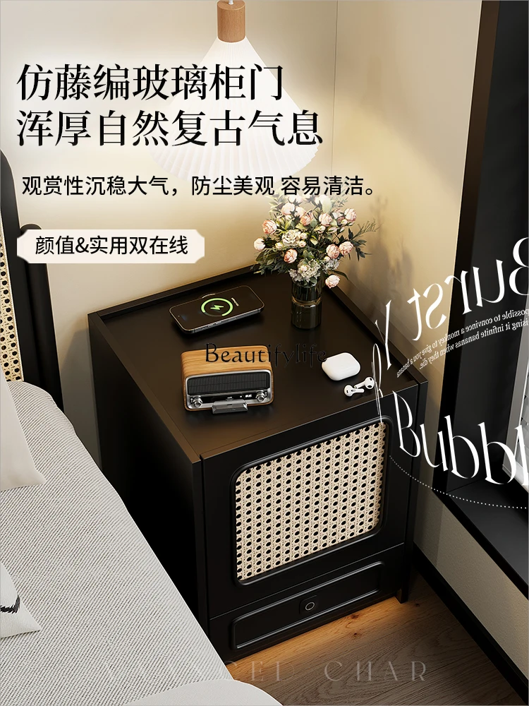 Table de Rangement Intelligente Rétro en Rotin Noir, Meuble Simple, Moderne, Médiéval, Multifonctionnel avec Serrure