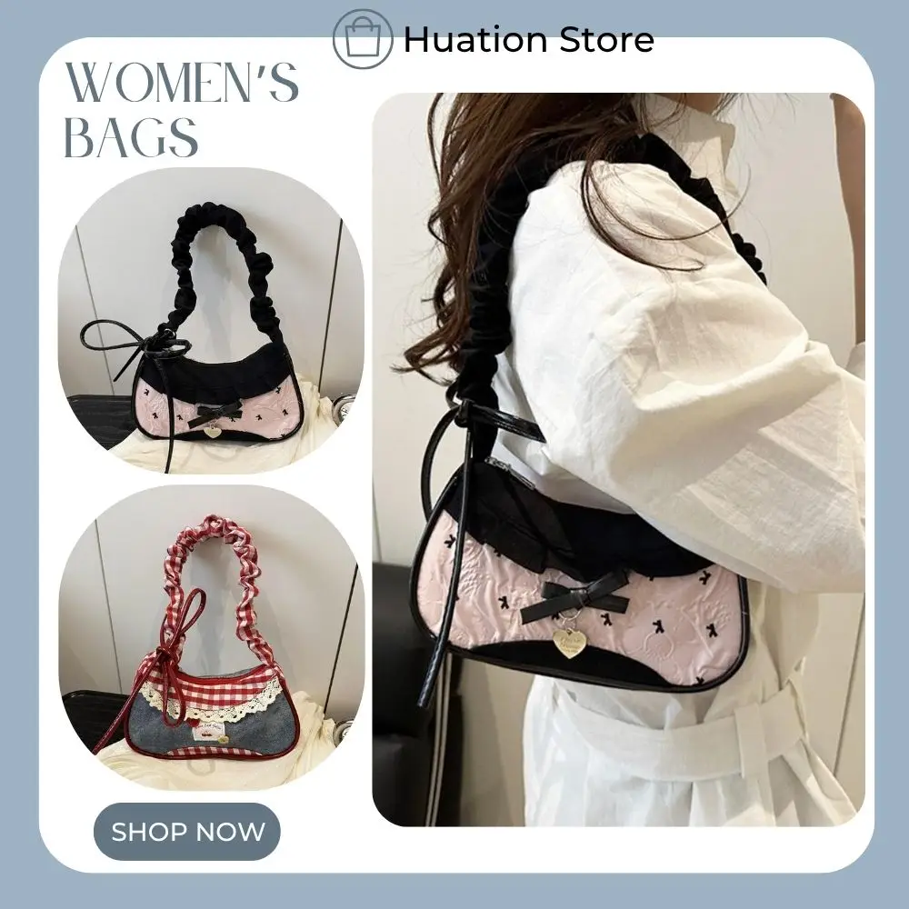 Bolso con estampado de lazo de mariposa para mujer, bolso bonito y dulce, bolso de hombro plisado con cordón, bolso Hobo versátil