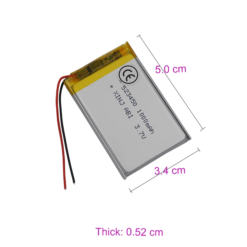 3,7 V 1000 mAh 3,7 Wh polymeer Li-lithiumbatterij 523450   Pack JST 2-pins 1,0 mm voor GPS Dashcam Autocamera Game Player Bluetooth LED