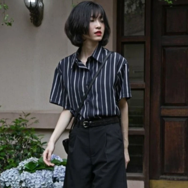 Shirts Women Striped Retro Simple All-match Summer Office Ladies Korean Style Stylish Tender Basic Short-sleeve Loose Leisure