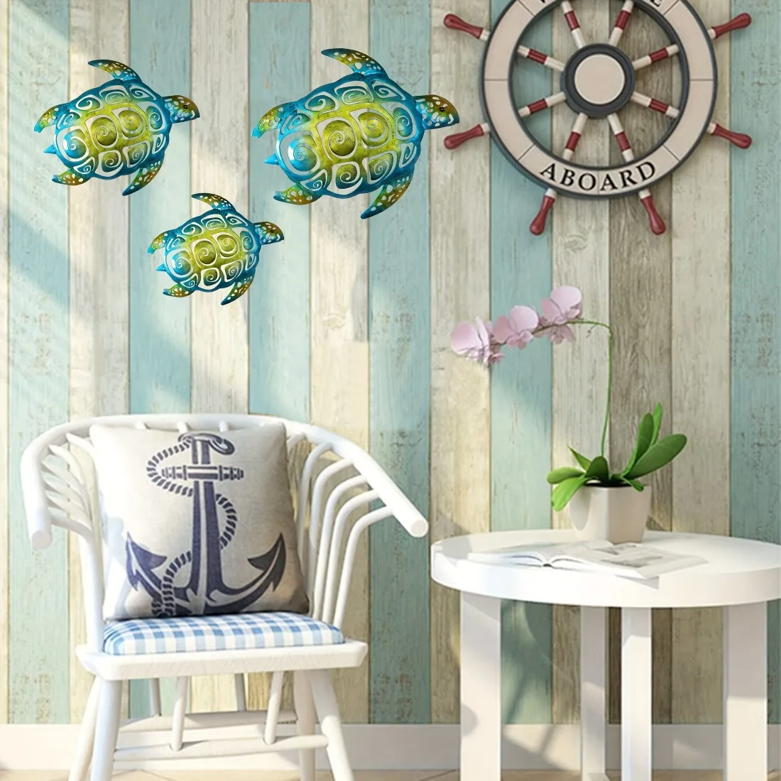 CIFBUY 3Pcs Set Iron Sea Turtle Beach Themed Wall Hanging Sculpture,2D Flat Print Rustic Coastal Wall Art for Bathroom view 3