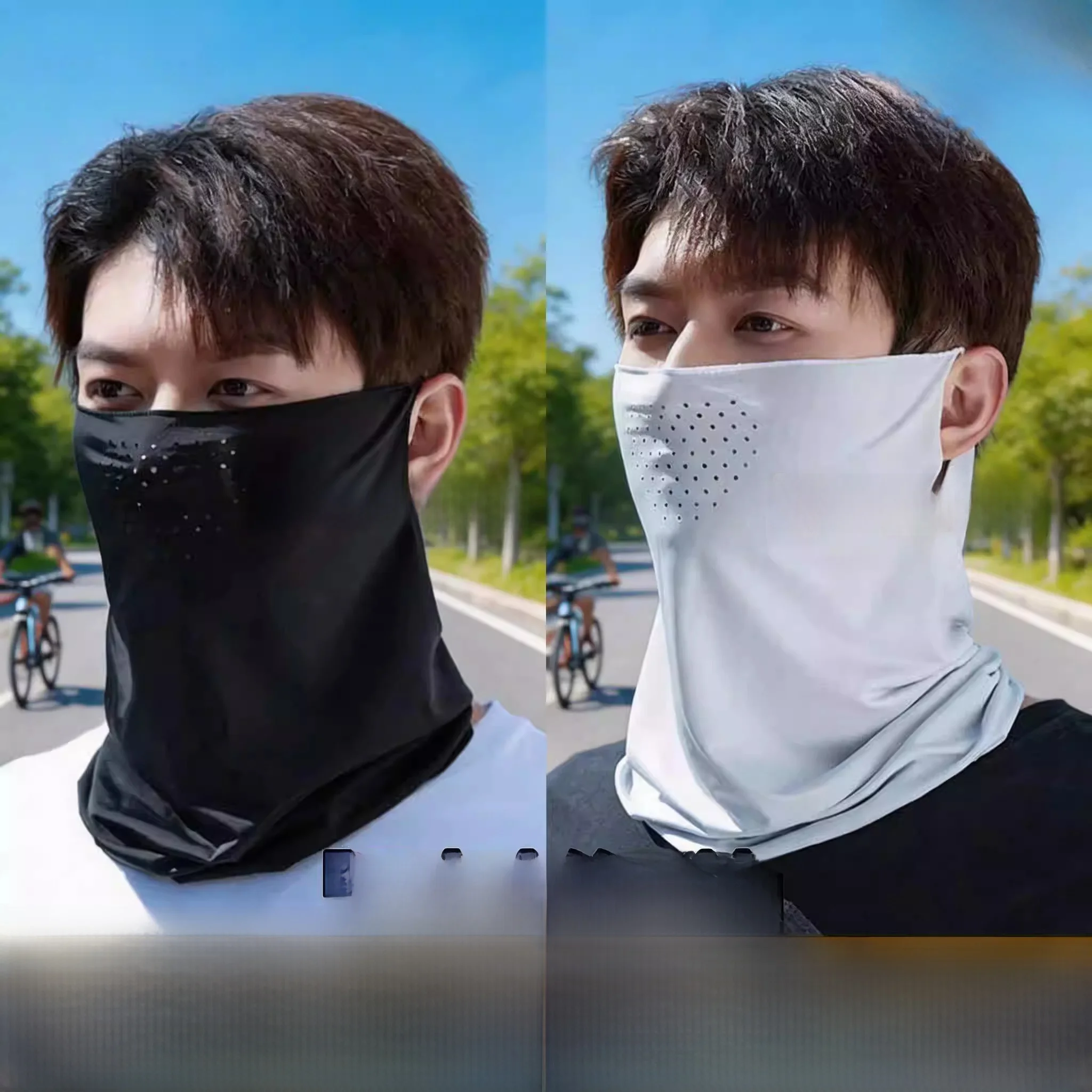 ice-silk-sun-protection-face-mask-men's-thin-hole-punching-breathable-summer-outdoor-cycling-ear-hanging-neck-protection-scar