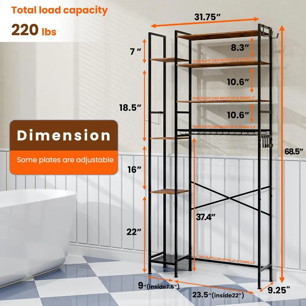 رف تخزين المرحاض من GARPROVM مكون من 8 طبقات مع رف جانبي، وخزانة موفر للمساحة لمنظم الحمام مع أرفف قابلة للتعديل، #2