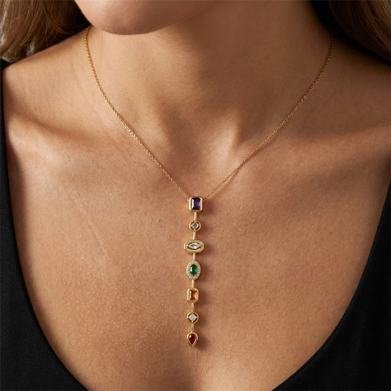 

Stainless Steel Vintage Colorful Zircon Long Pendant Necklace for Women Gold Plated Geometric Collar Choker Party Jewelry Gifts