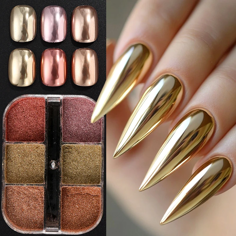 6 Grids Y2K Chrome Nail Powder Metallic Mirror Rose Rubbing Pigment Dust Gold Fall Nail Art Glitter Elegant Wedding Nail Decor