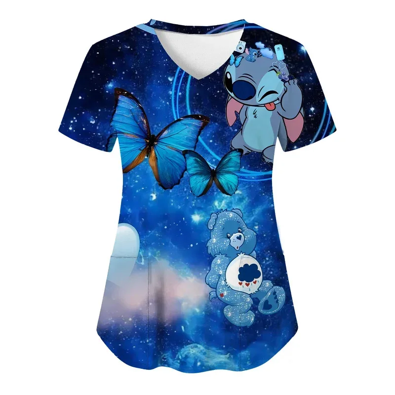 Miniso Nurse Uniform Tops V Neck T Shirt Disney Stitch Hospital Woman Clothes Pocket Top Women 2024 Summer Tshirt Shirts Tees