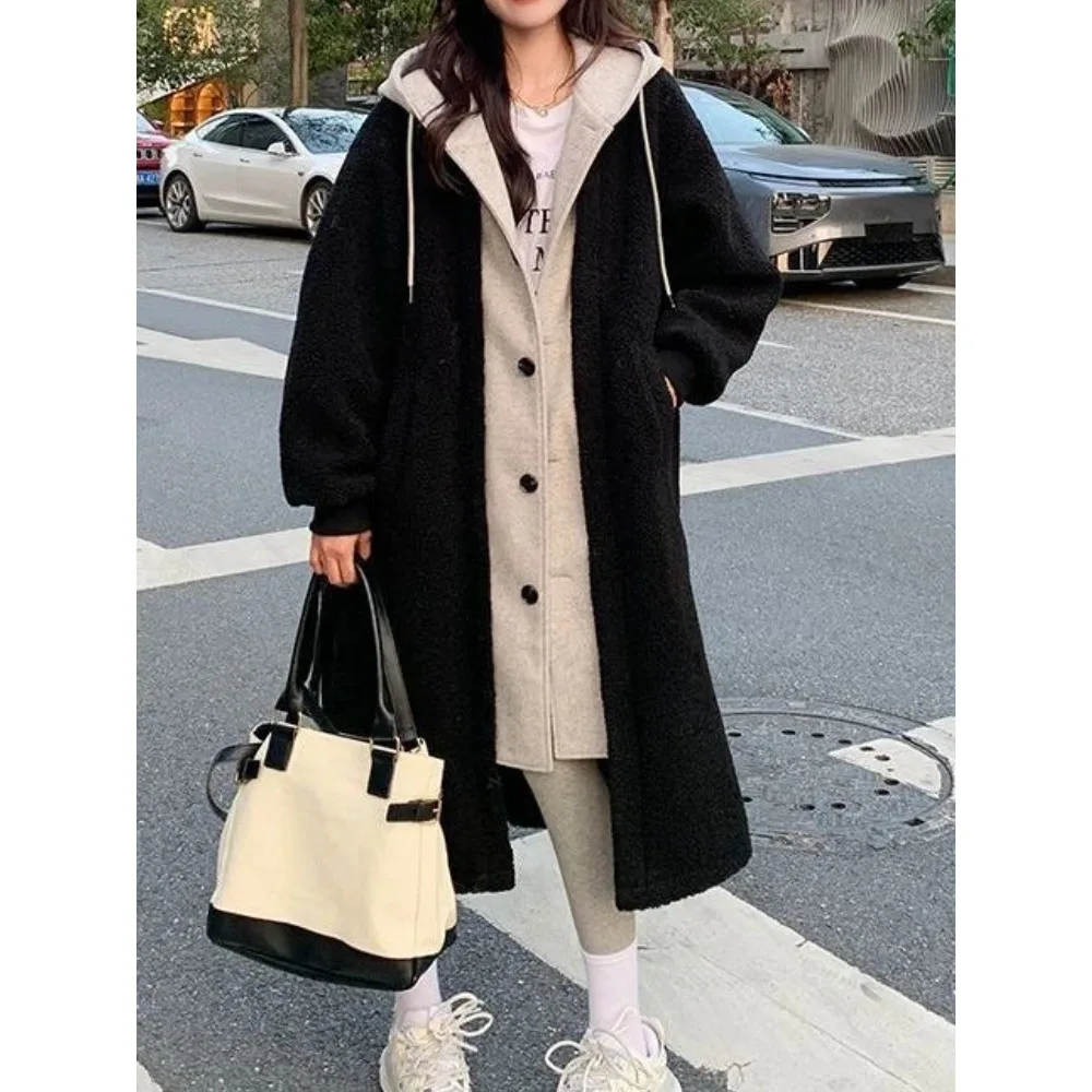 Cardigan Jackets Women Hooded Coat Thick Fake Two Imitation Lambswool Overcoat Autumn Winter Chic Office Lady Outwear Plus Size