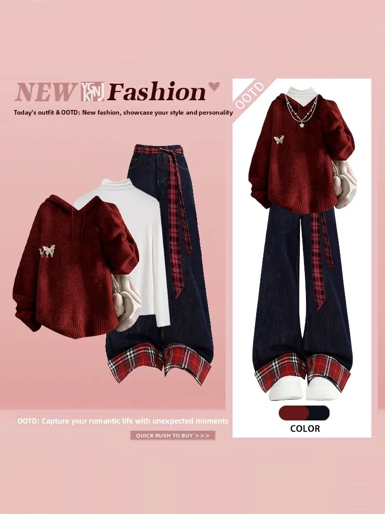 

Korean Sle Winter Anti-Aging Red College Sle Hooded Sweater Plaid Denim Pants Outfit Long Sve Knot Vintage S...