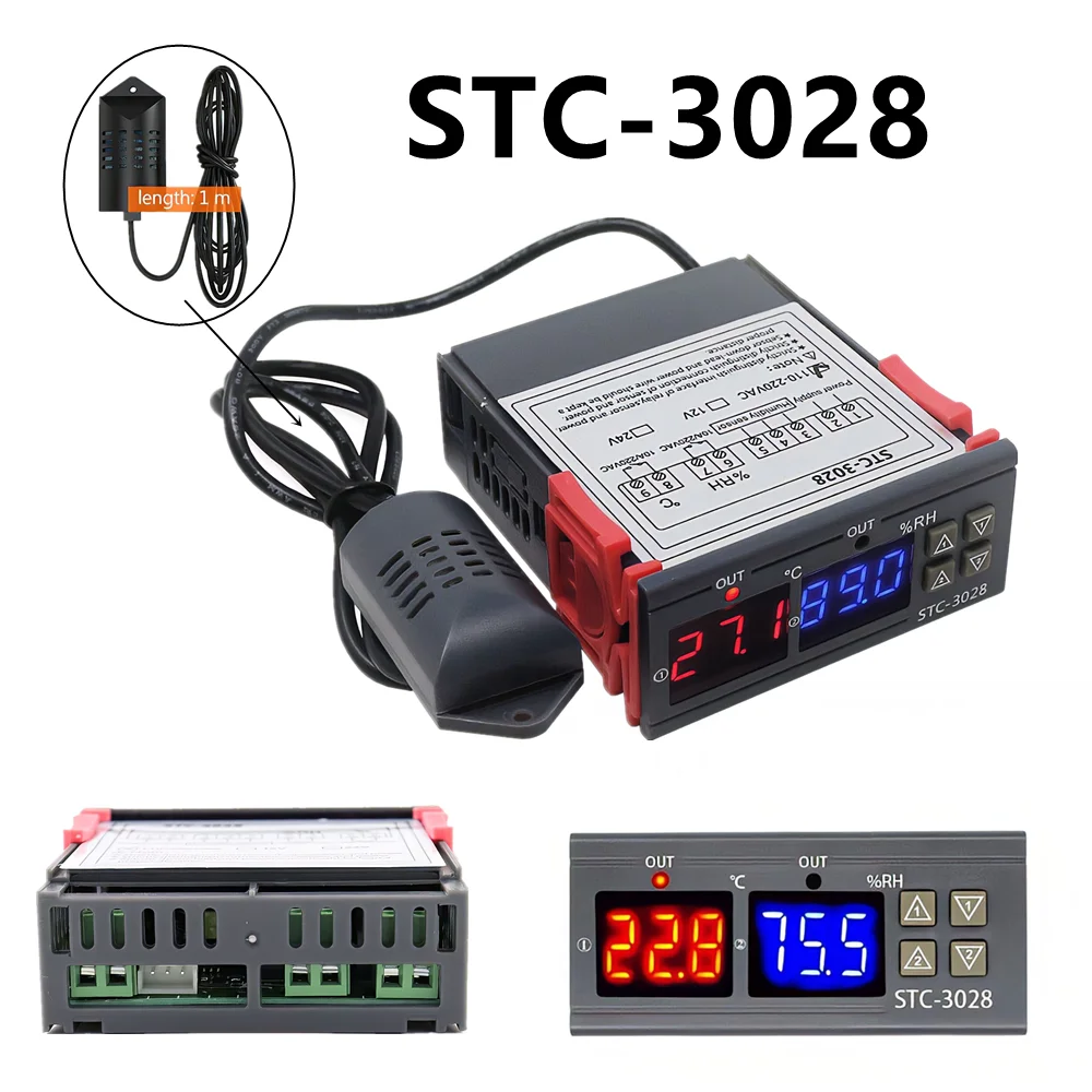 Dual Digital Thermostat Temperature Humidity Control STC-3028 Thermometer Hygrometer Incubator Controller AC 220V DC 12V 24V