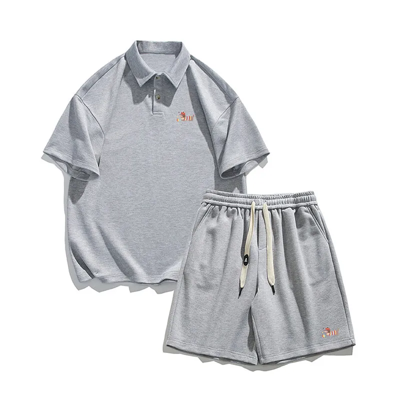 Einfarbiges Polo- und Shorts-Set für Herren mit Welpen-Aufdruck – 2-teiliges Outfit aus atmungsaktiver Baumwolle mit Kordelzug an der Taille, lässige Sommer-Sets