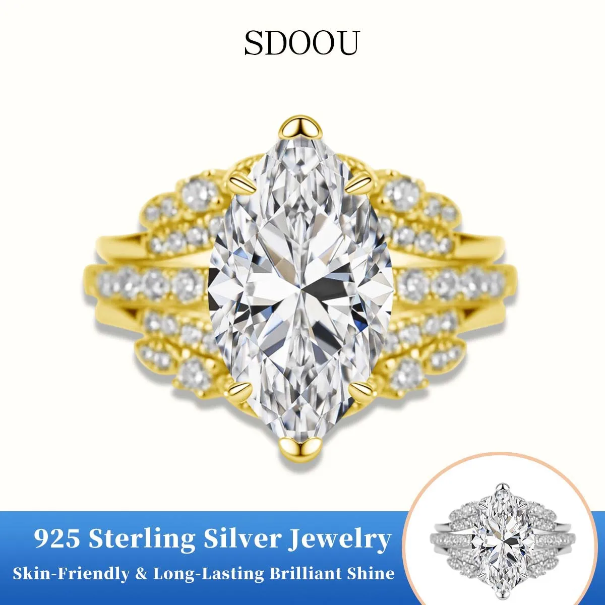 

SDOOU Brilliant Sterling Silver 925 3CT Marquise Moissanite Women's Rings Bridal Set 14k Gold Filled Hypoallergenic Accessories