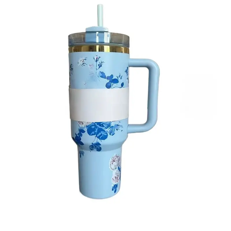 2024 Fresh Flower for Stanley Handle 40oz Vacuum Car Mug Double Wall Thermal Iced Travel Cup Christmas Gift