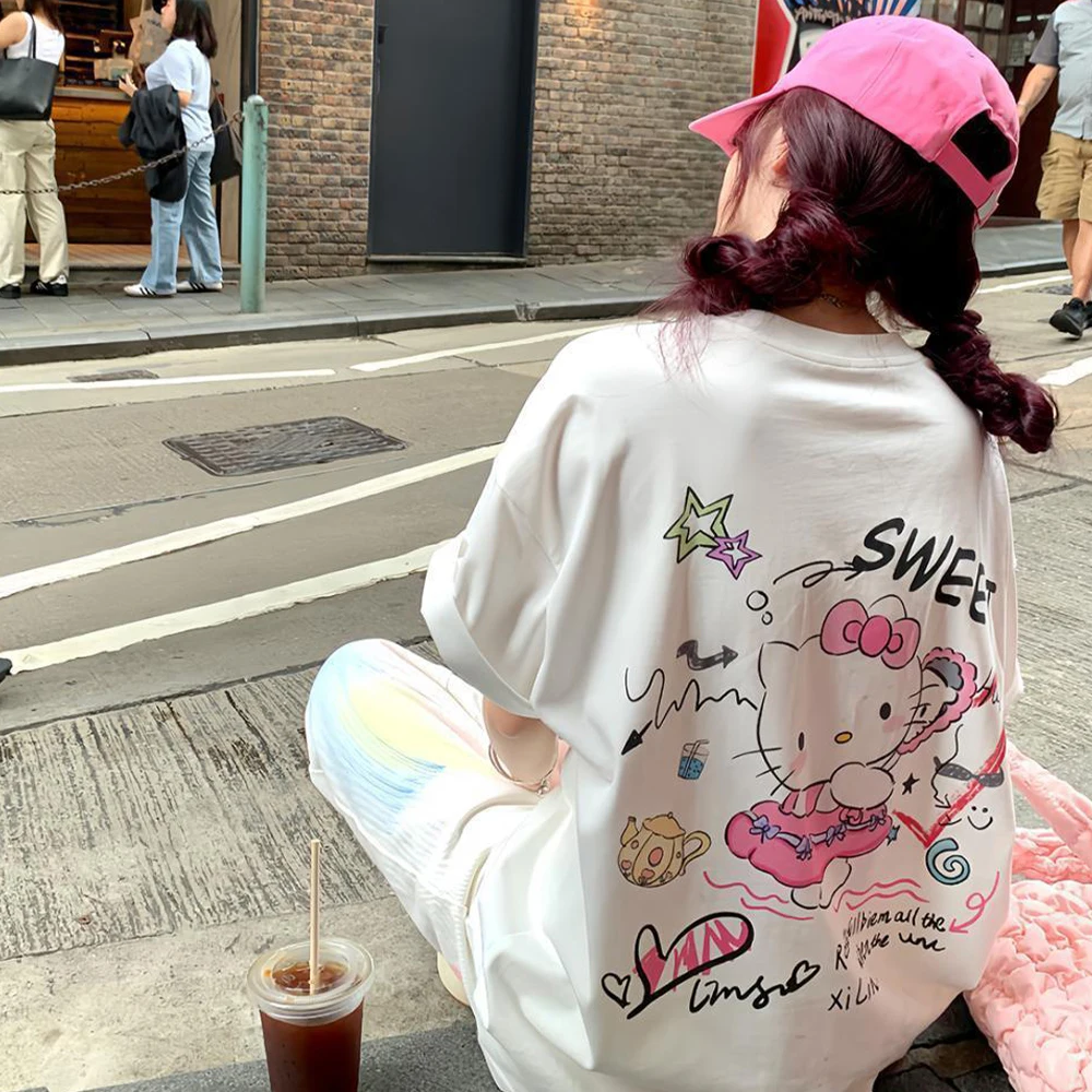

Anime Hello Kitty Cartoon Women's T-Shirt, Large White Print Short Sleeved Top, Casual Y2K Cute Summer Fashion Loose T-Shirt