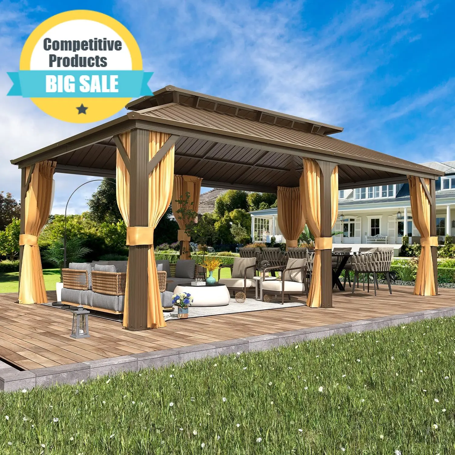 

12' x 20' Hardtop Gazebo, Aluminum Frame Gazebos with Galvanized Steel Double Roof, Permanent Outdoor Metal Pavilion with Curtai