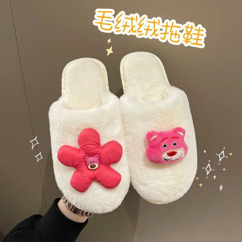 Disney winter strawberry bear cute sweet warm home women's shoes cartoon doll non-slip thick-soled plush cotton slippers