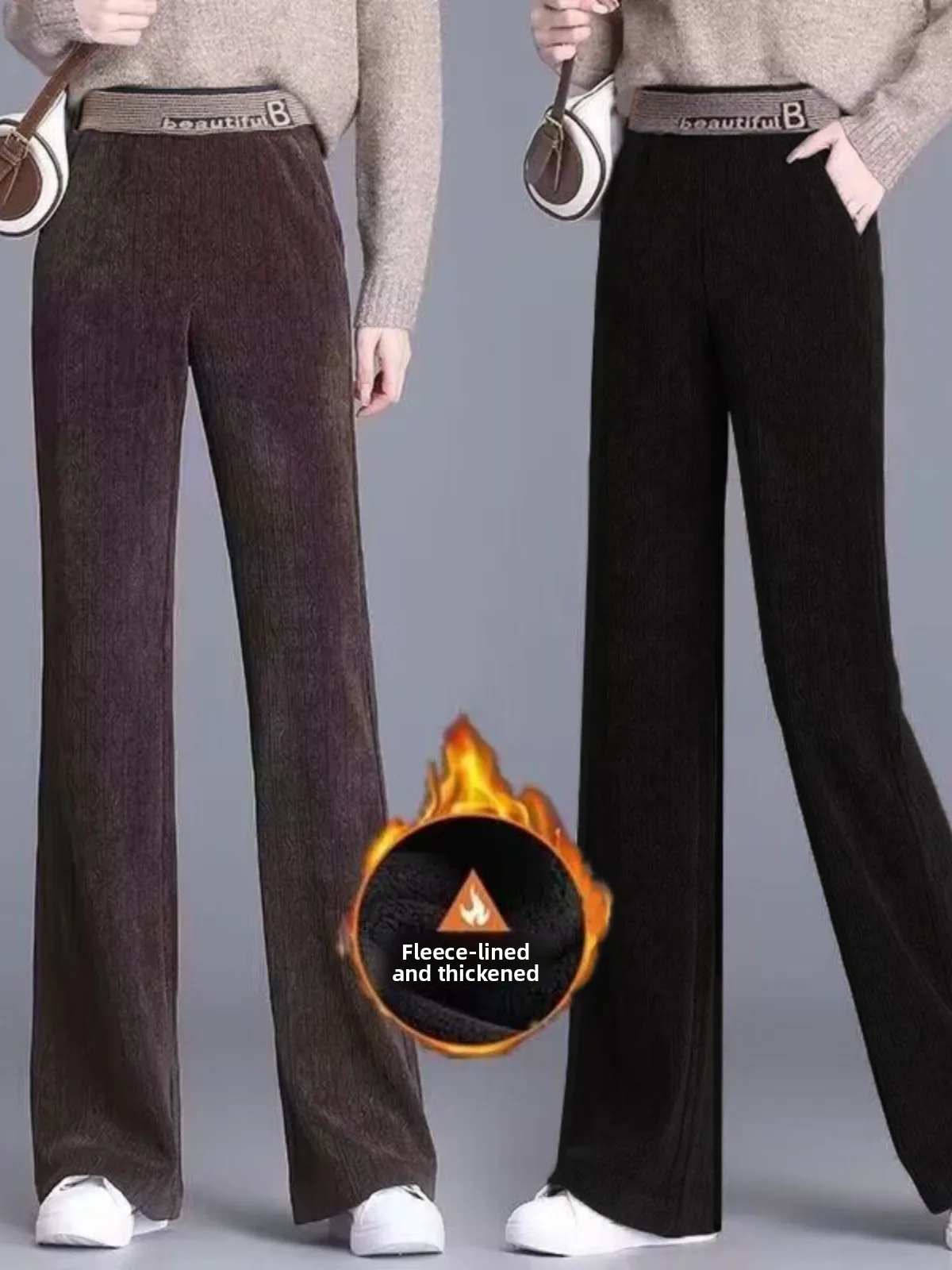 하이웨이스트 벨벳 와이드 레그 팬츠 여성용 가을 겨울 신상 슬리 드레이프 안감 있는 캐주얼 바지 한국 스타일