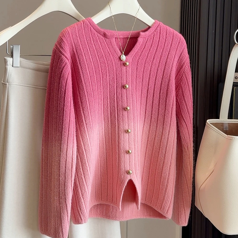 

Women's Chic Gradient Pink Sweaters Spring Autumn V-Neck Single Breasted Design Knitted Pullover Tops Fashion Sweater