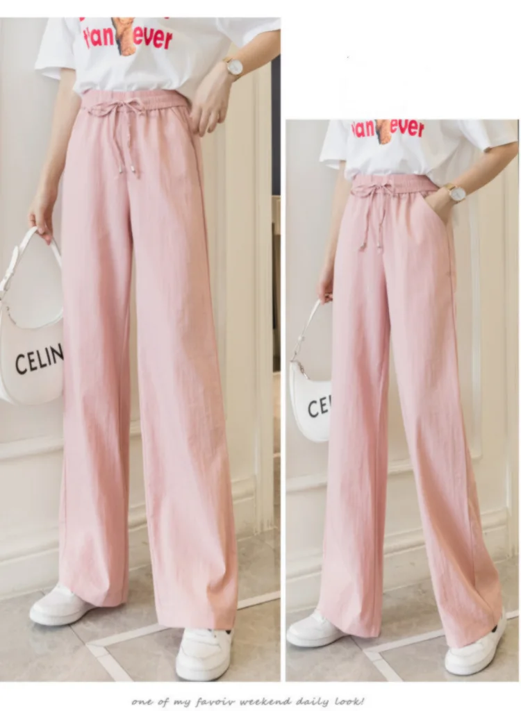 Summer Cotton Linen Wide Leg Pants for Women Pants Full Length Casual Pants Female Solid Loose High Waist Straight Trousers