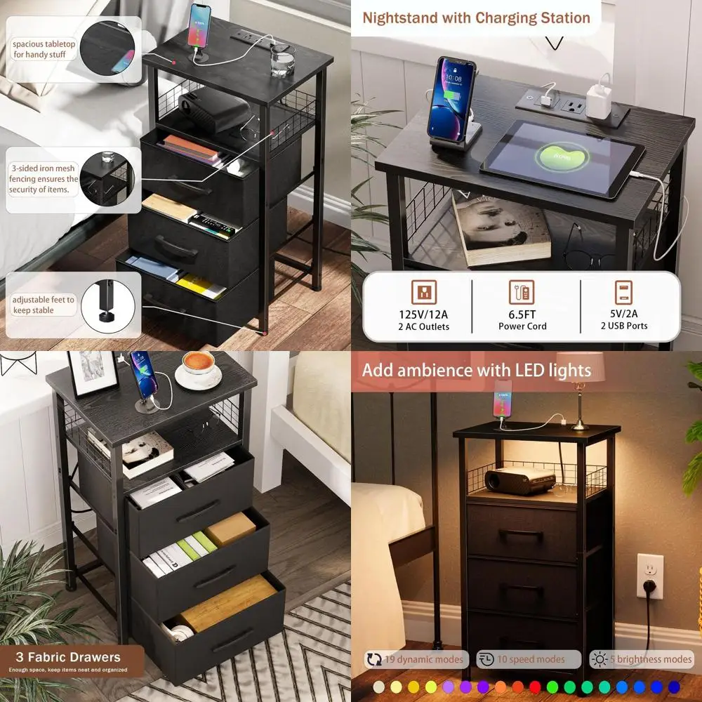 충전 스테이션이 포함된 블랙 침실 나이트스탠드 세트, LED 조명 엔드 테이블, 패브릭 서랍 및 USB 포트