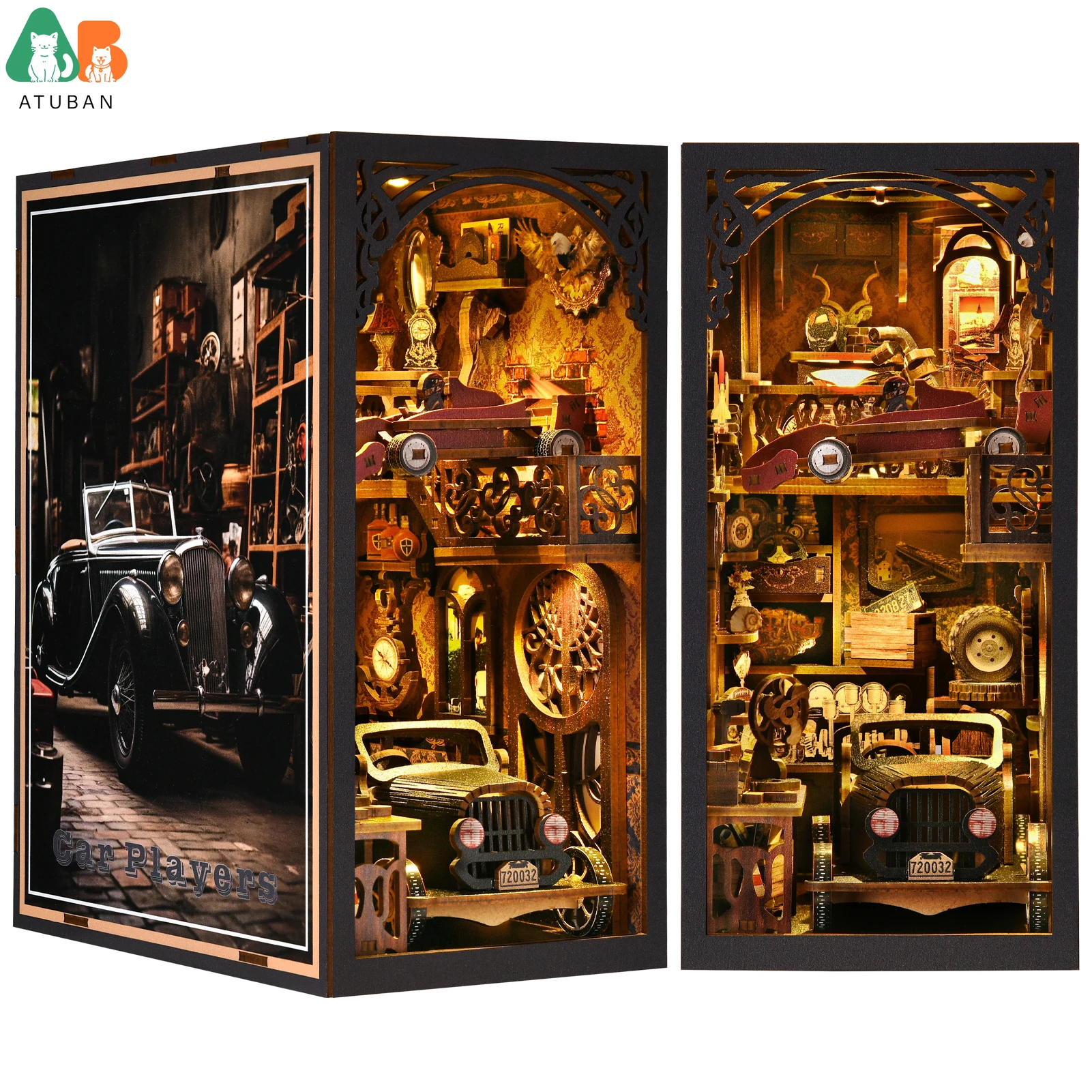 ATUBAN DIY Dollhouse Booknook Kit Vintage Car Museum Magical Realistic Imagination Simulated Book Nook Kit Bookend Stand Puzzle