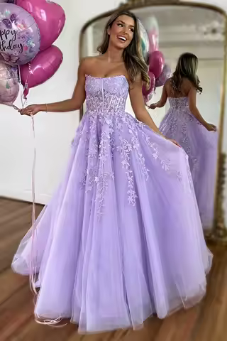 Customized Tulle Lace Appliques Prom Dresses Corset Strapless Formal Dresses Evening Long Ball Gown A-Line Evening Dress