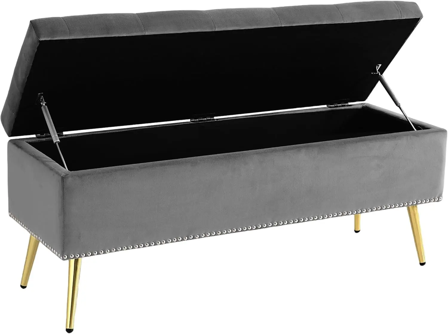 Storage Ottoman Bench, Velvet End of Bed Bench with Gold Legs & Nailhead Trim, Modern Bed End Bench with Storage