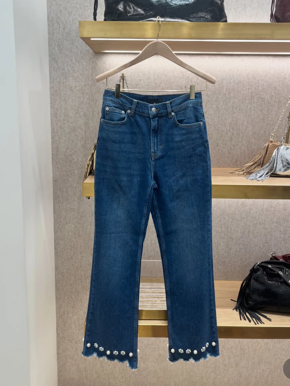 

Low Waist Slim Fit Blue Jeans HEIDD M Home 2026 Early Spring Pearl Flower Embellished Hemline Ladies Denim Pants Cotton Butto...