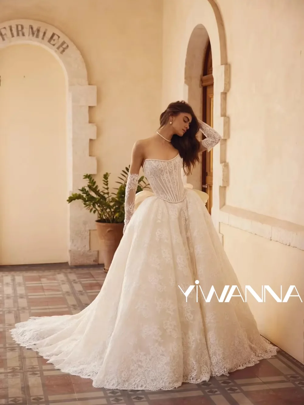 

Ivory Pearls Lace A-line Wedding Dress With Bow Structured Corset Bridal Gown Customized Elegant Floor-length Dresses For Bride