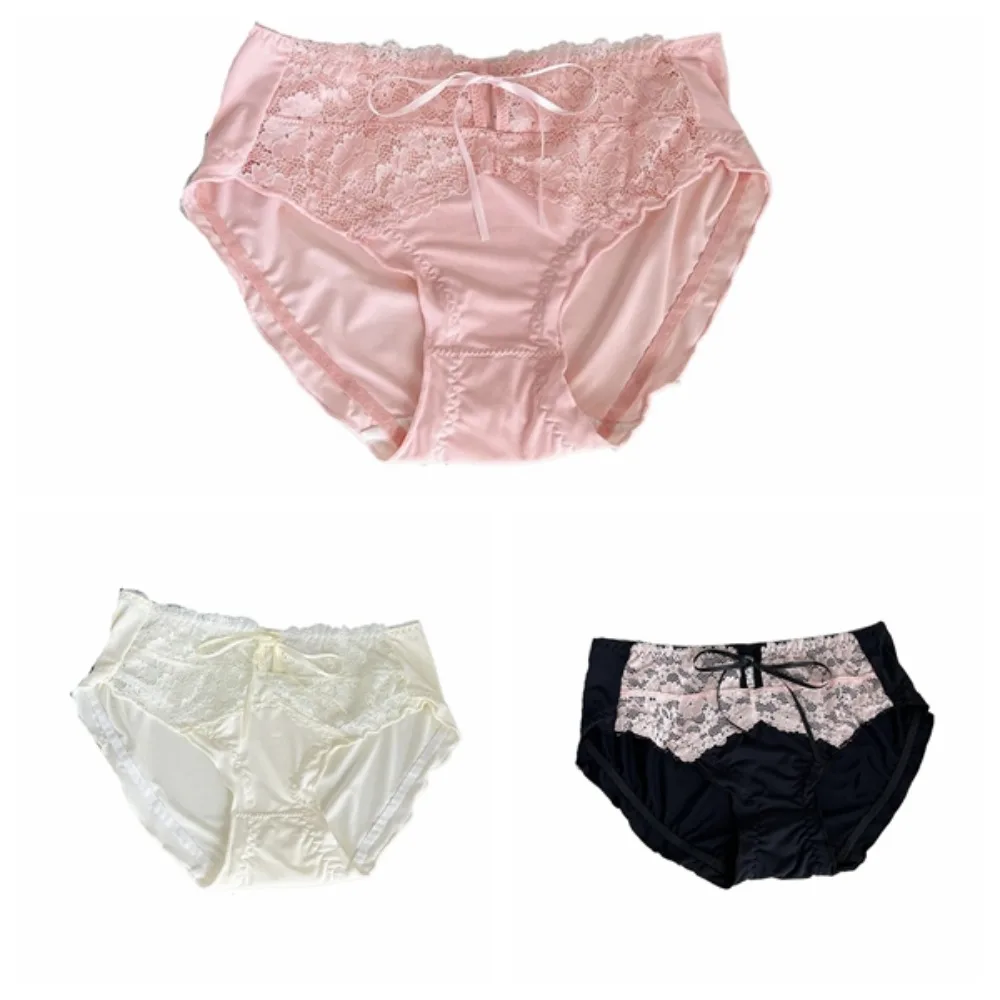 

3Pcs Breathable Mesh Lace Bowknot Panties Ruffle Cotton Crotch Sweet Briefs Underpants Mid Waist Underwear for Women Gifts