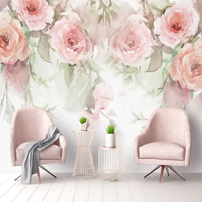 Papel tapiz pintado a mano con acuarela y flores rosas modernas, para sala de estar, dormitorio, fondo Pastoral, pintura de pared, papel de pared 3D