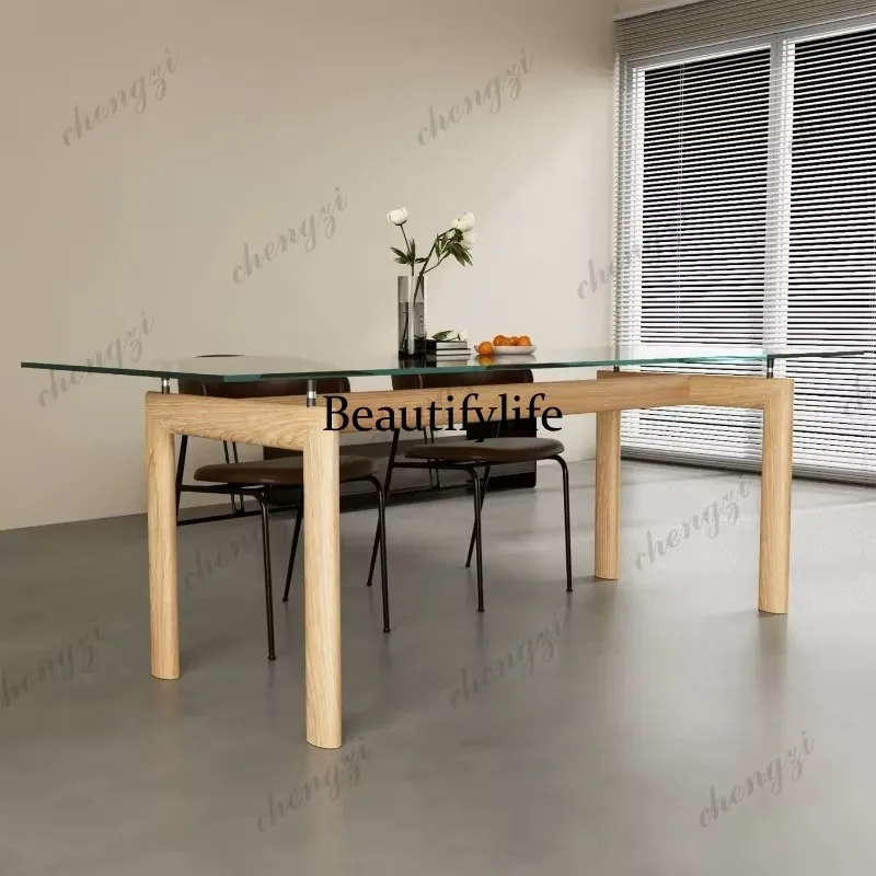 F4567 simple modern dining table ash wood log color dining table ultra-white glass office conference table