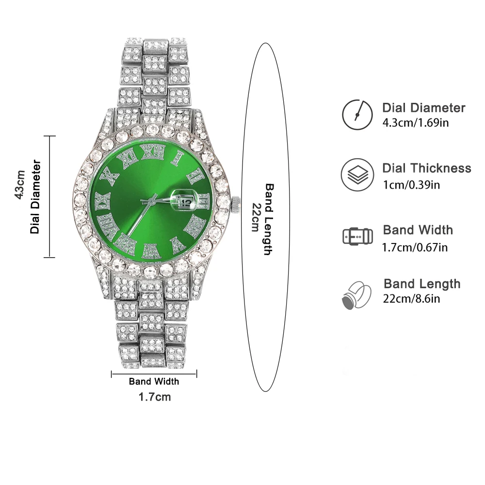 2-teiliges Hip-Hop-Punk-Uhrenset mit Diamantbesatz, runde Luxus-Herrenuhr, glänzendes Schmuckgeschenk mit Armbandversteller für Damen, Alltagskleidung – Detail 1