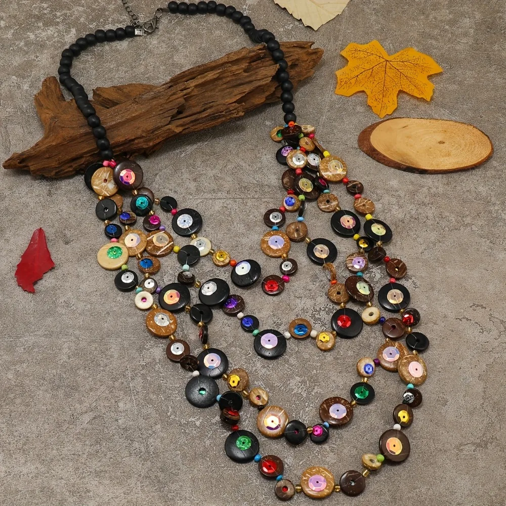 Bohemian national wind multi-layer coconut shell beaded necklace female long, wood beads may have small flaws, uneven color