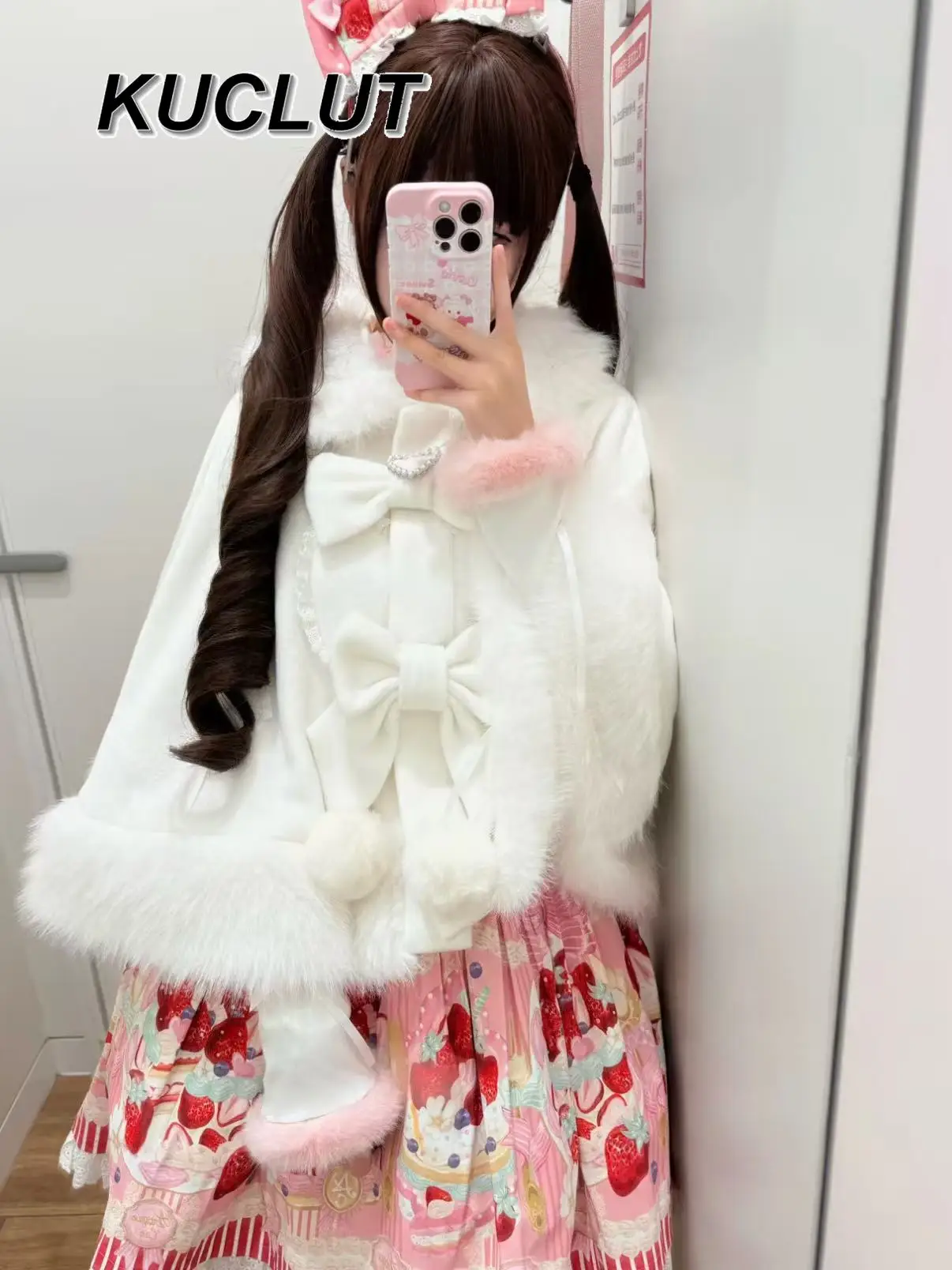 

Autumn Winter Plush Small Snowball Cloak Lolita Japanese Style Bow Cute Versatile Short Thickened Shawl Coats for Women