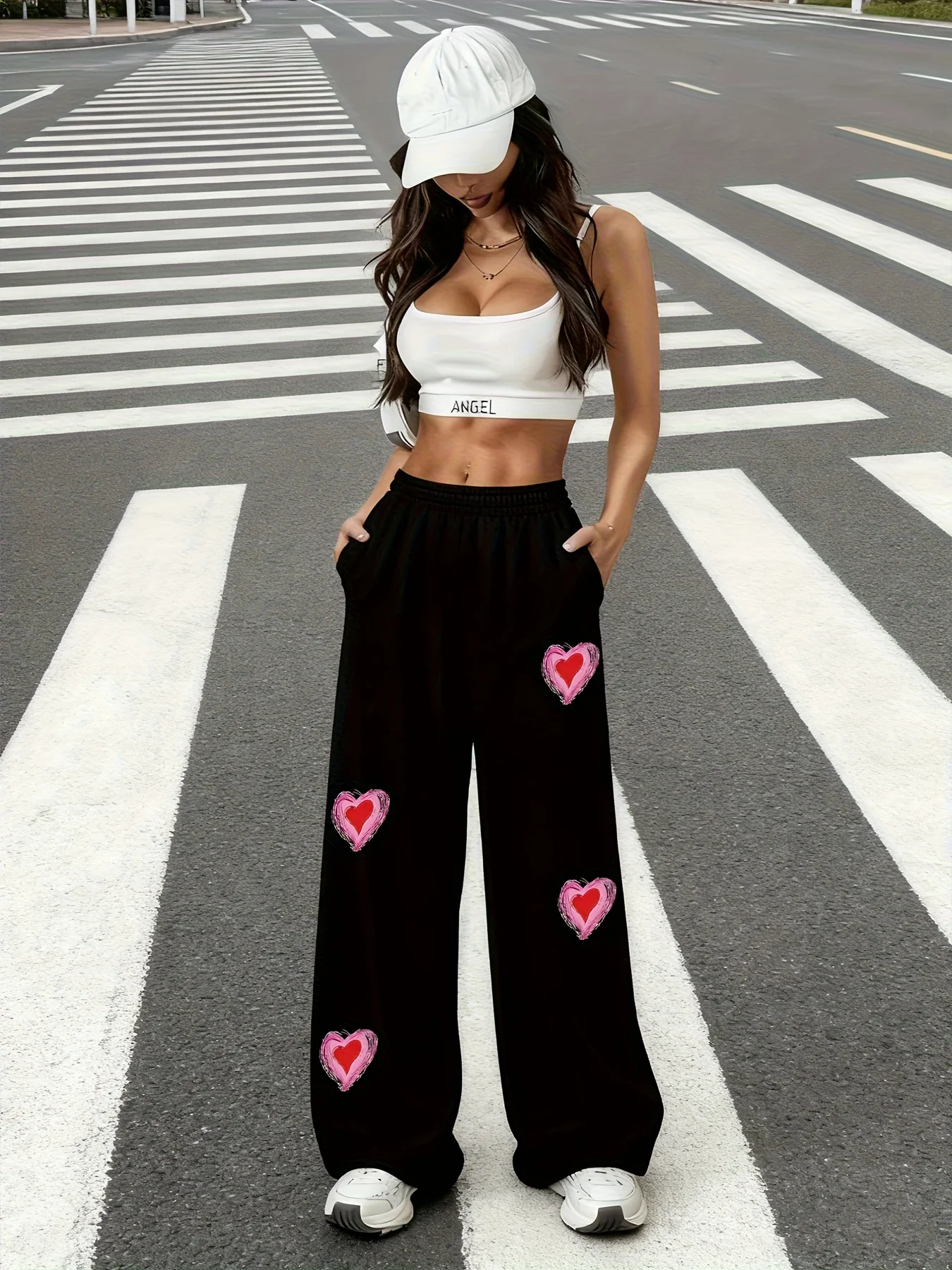 Women's Autumn and Winter Plus-size Heart Pattern Loose Straight Fleece Leg Sweatpants Trendy Streetwear Stylish Versatile - view 2