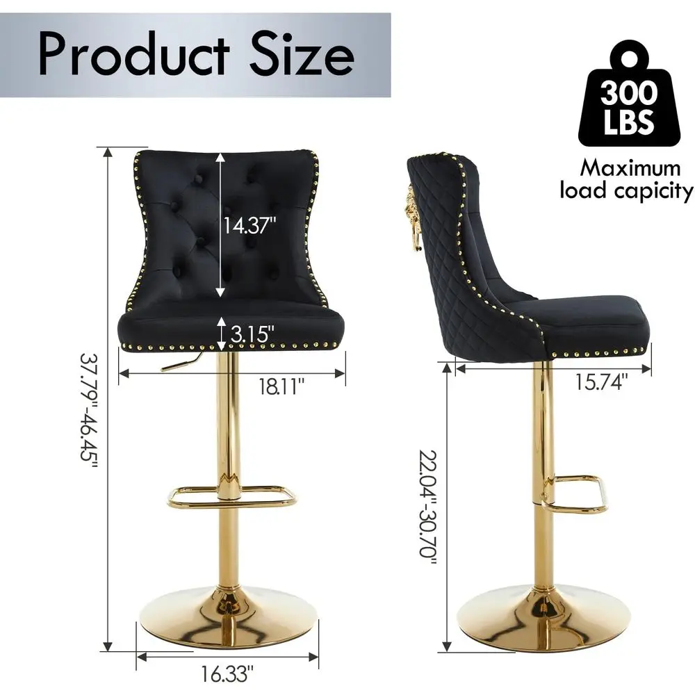 Zestaw 4 złotych, aksamitnych krzeseł barowych obrotowych z pierścieniem w kształcie lwa i wysokim, pikowanym oparciem, do wyspy kuchennej i kawiarni, czarne.