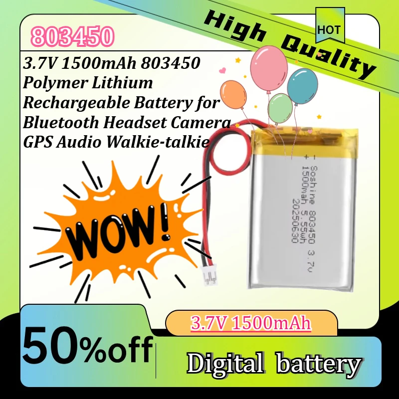 3.7V 1500mAh 803450 Polymer Lithium Rechargeable Battery for Bluetooth Headset Camera GPS Audio Walkie-talkie