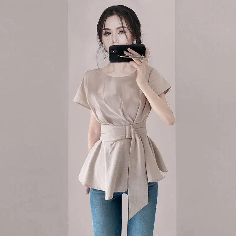 French waistband fitting high-end short sleeved shirt for women 2023 summer versatile and fashionable o neck solid blouse women