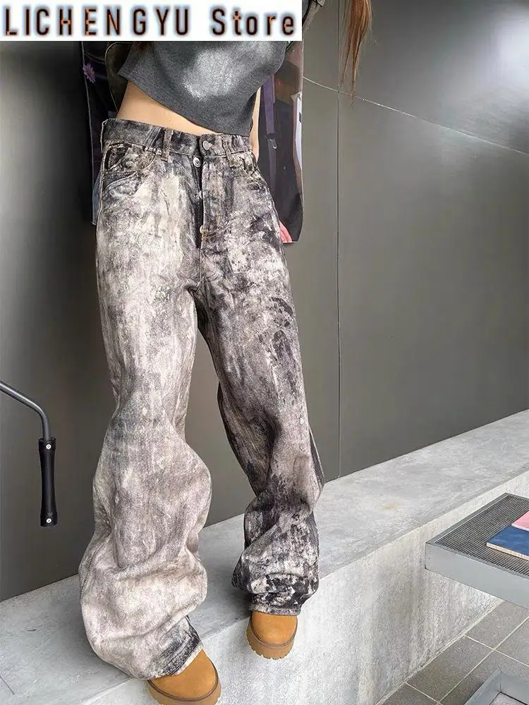 Women's Camouflage Splashed Ink Print Unisex Pants Wide Legs Jeans Young Girl Street Bottoms Female High Waisted Denim Trousers