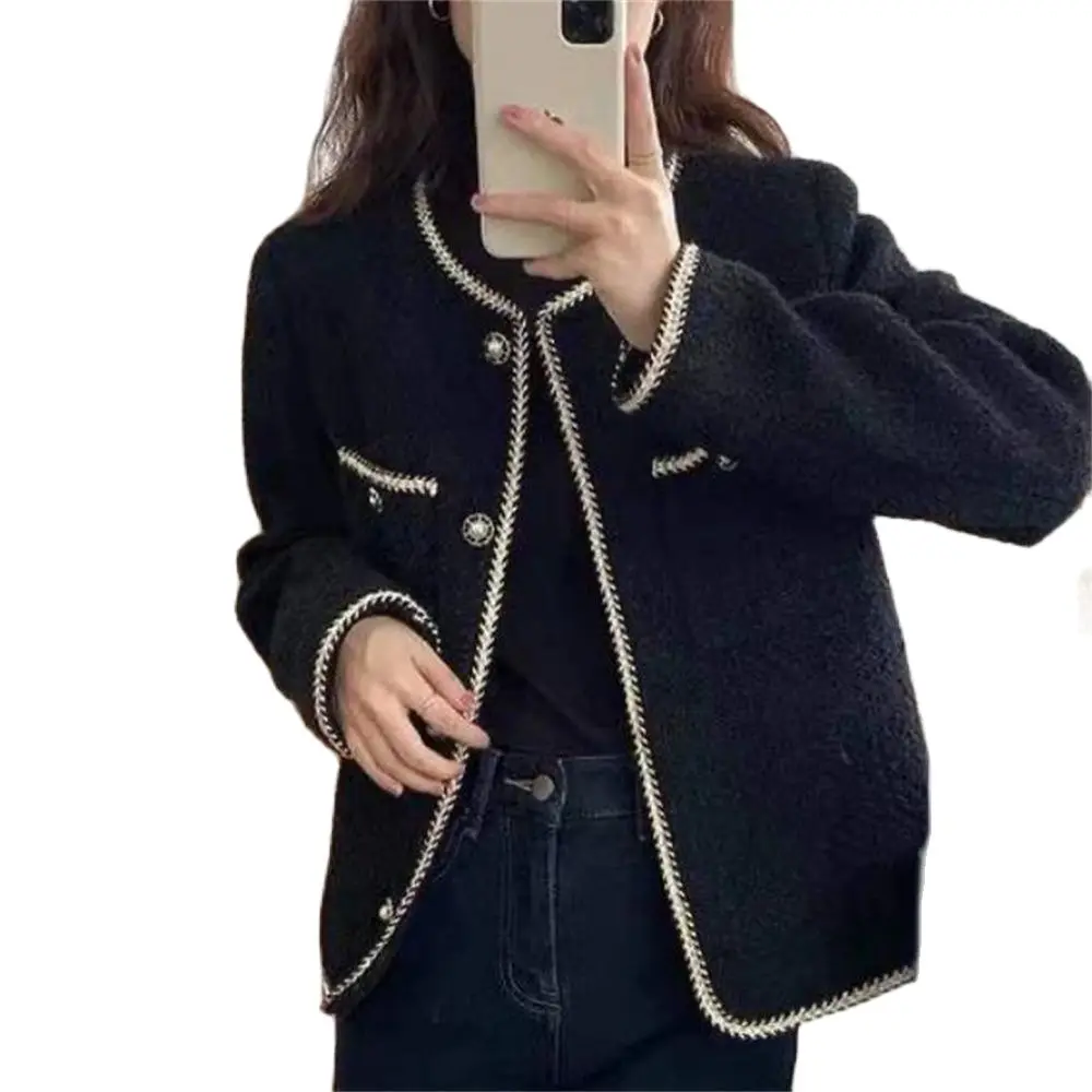 

White Woolen Coat Women Autumn Winter Jackets Lazy Style Female Korean Retro Black Loose O Neck Cardigan Outerwear Fashion Tops