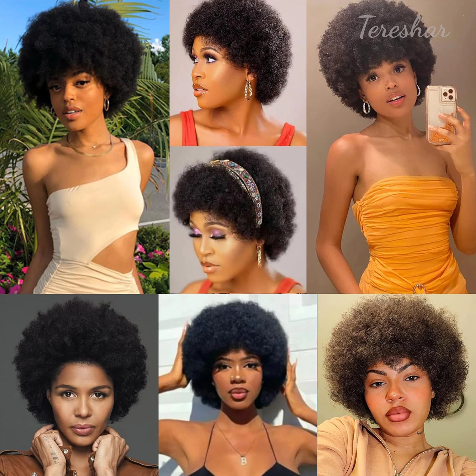 Tereshar Krótka Afro Kręcone Ludzkie Włosy Peruka dla Czarnych Kobiet Peruki Afro Kinky Afro 70s Afro Puff Peruka z Grzywką Peruki Wykonane Maszynowo