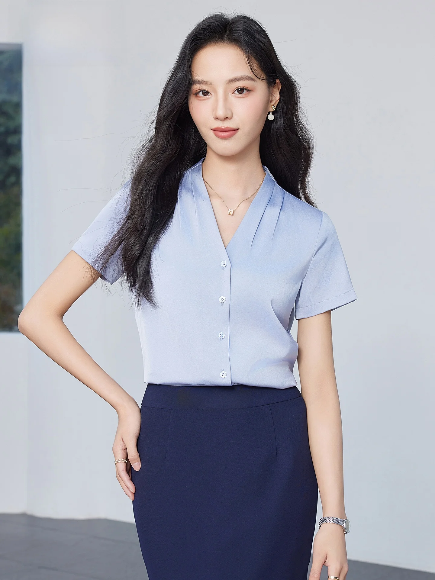 

Slim Fit V-Ne ort Sve irt Women's Busin Casual Thin Summer Commute Sle Interview Versatile Top Faionable