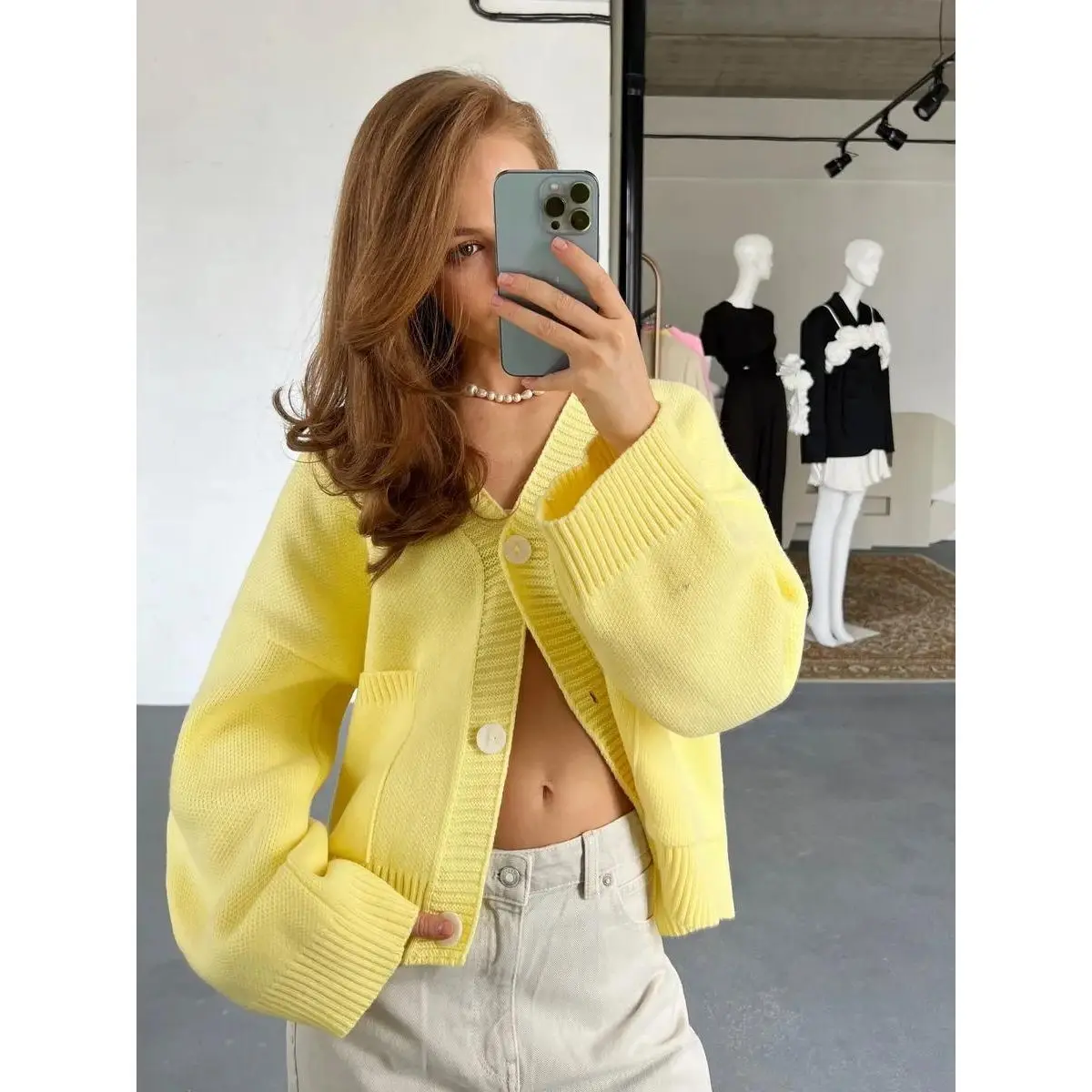

2025 Autumn Winter New Women's Long Sleeve Top Knitwear V-neck Pocket Knitted Cardigan Jumper Jersey Jacket Fall Thick Sweater