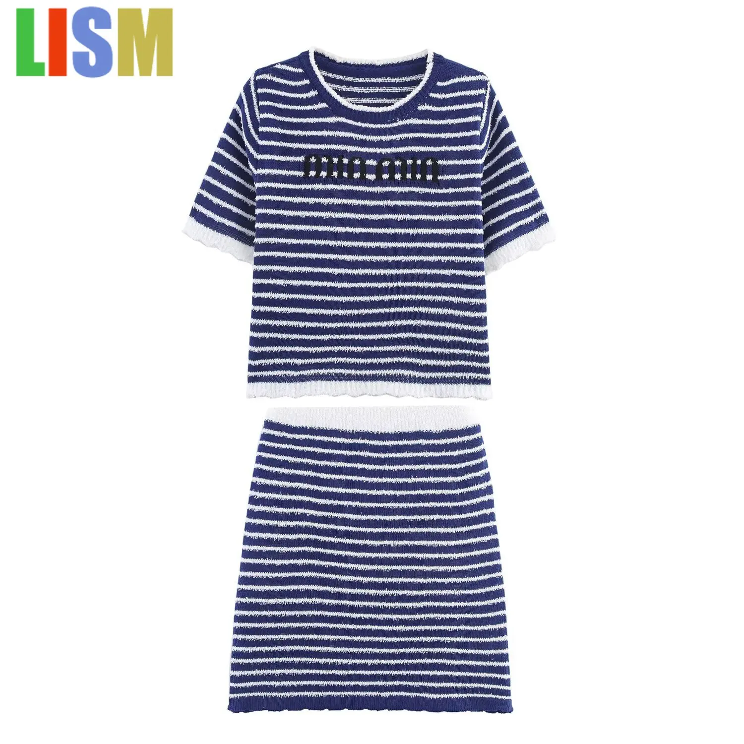 

LISM New in matching sets women's autumn new fashion trend all-match embroidered letter striped knitted top skirt suit
