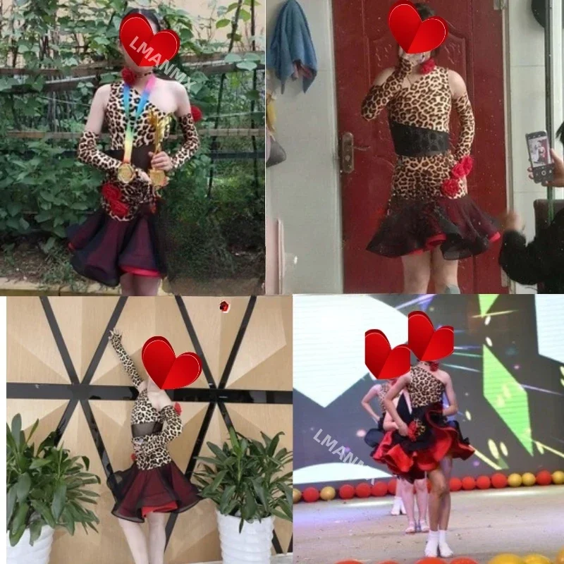 Sukienka do tańca latynoskiego Jedno ramię Leopard Sukienka do tańca latynoskiego Dziewczęca profesjonalna sukienka do tańca latynoskiego Salsa Wear — zdjęcie 6